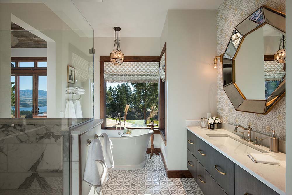 Interior, horizontal, master bathroom toward vanity and bathtub, Fowler residence, Helena, Montana; Boxwoods